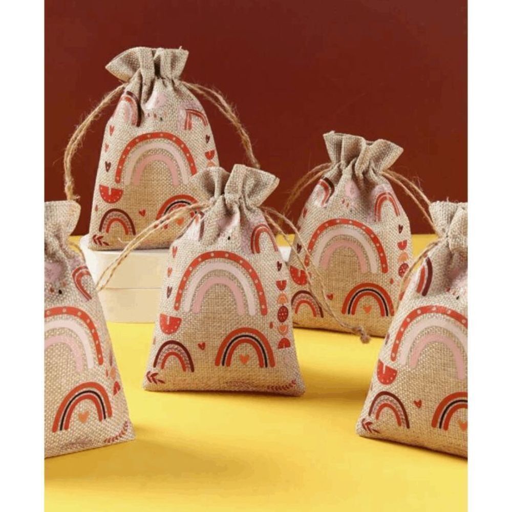 6pcs Bohemian Style Gift Bag, Rainbow Linen Treat Bag, Valentines Treat Bags